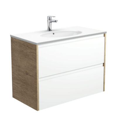 Rotondo Amato 900 Satin White Wall-Hung Vanity, Scandi Oak Panels