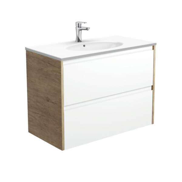 Rotondo Amato 900 Satin White Wall-Hung Vanity, Scandi Oak Panels