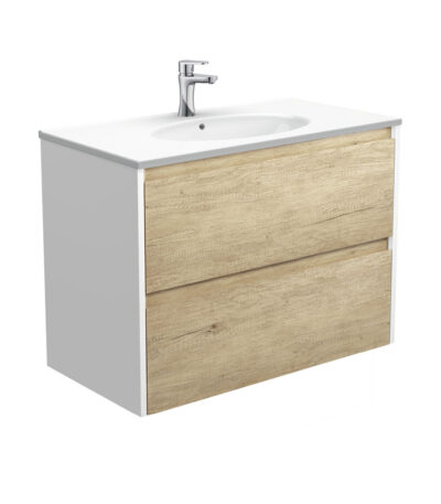 Rotondo Amato 900 Scandi Oak Wall-Hung Vanity, Satin White Panels