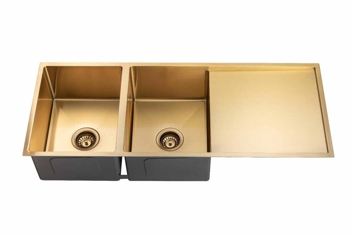 Round Corner Stainless Steel Brushed Gold PVD Coating Double Bowl with Drain Board Kitchen Sink - 1160x460x230mm | TWM9G