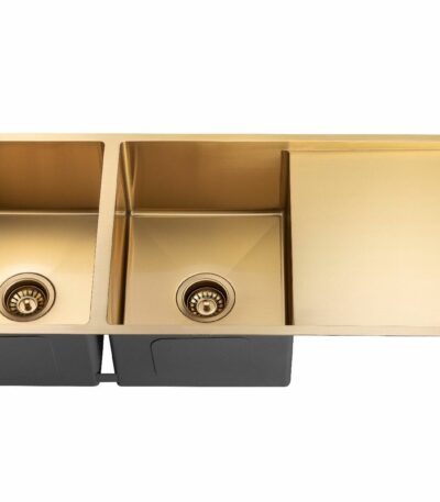 Round Corner Stainless Steel Brushed Gold PVD Coating Double Bowl with Drain Board Kitchen Sink - 1160x460x230mm | TWM9G