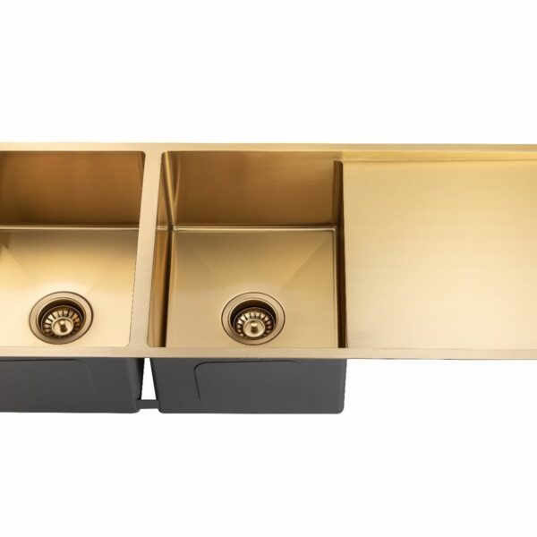 Round Corner Stainless Steel Brushed Gold PVD Coating Double Bowl with Drain Board Kitchen Sink - 1160x460x230mm | TWM9G