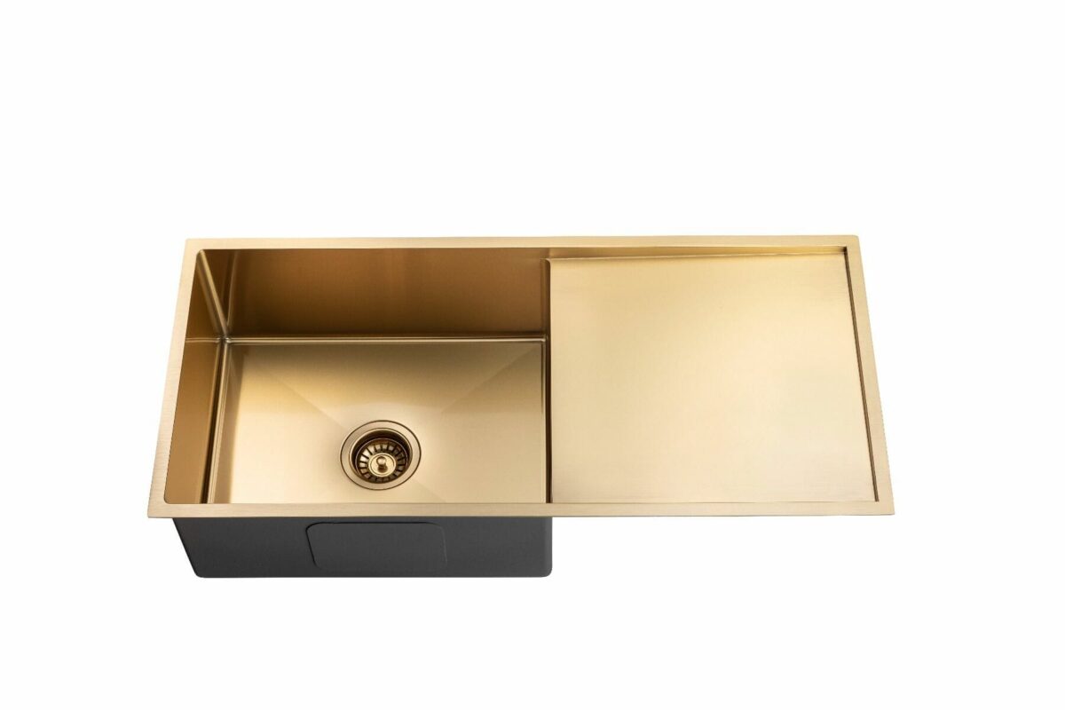 Round Corner Stainless Steel Brushed Gold PVD Coating Single Bowl with Drain Board Kitchen Sink - 960x450x230mm | TWM4G