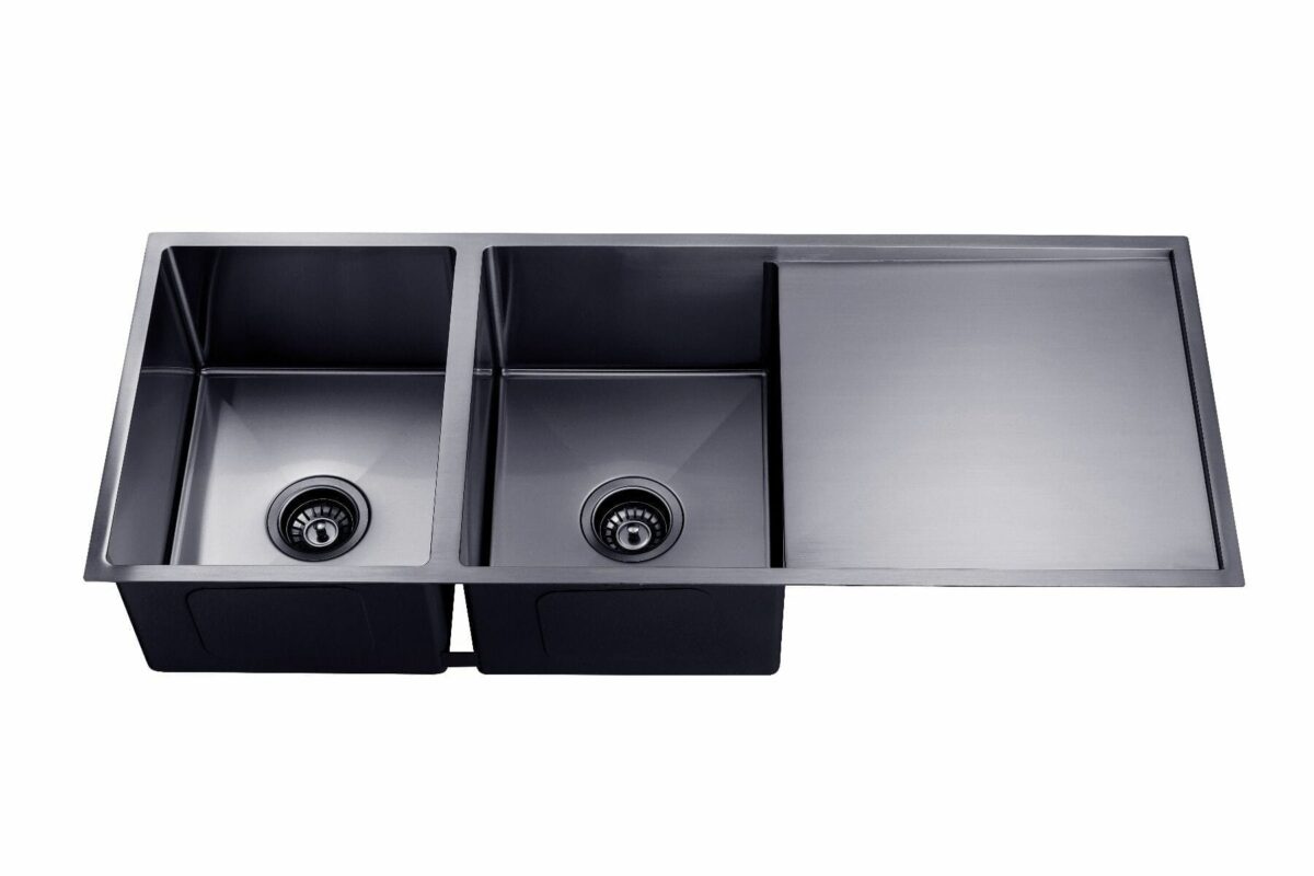 Round Corner Stainless Steel Gun Metal Grey PVD Coating Double Bowl with Drain Board Kitchen Sink - 1160x460x230mm | TWM9B