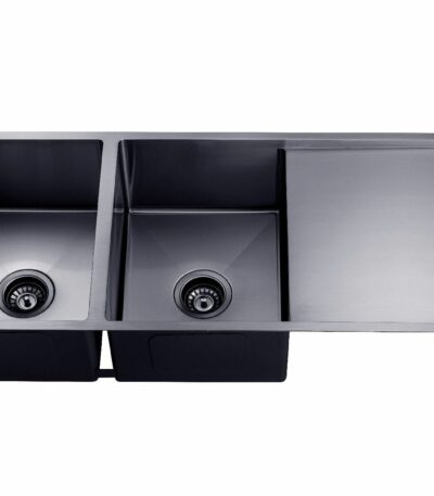Round Corner Stainless Steel Gun Metal Grey PVD Coating Double Bowl with Drain Board Kitchen Sink - 1160x460x230mm | TWM9B