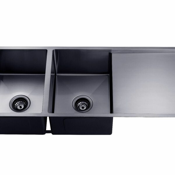 Round Corner Stainless Steel Gun Metal Grey PVD Coating Double Bowl with Drain Board Kitchen Sink - 1160x460x230mm | TWM9B