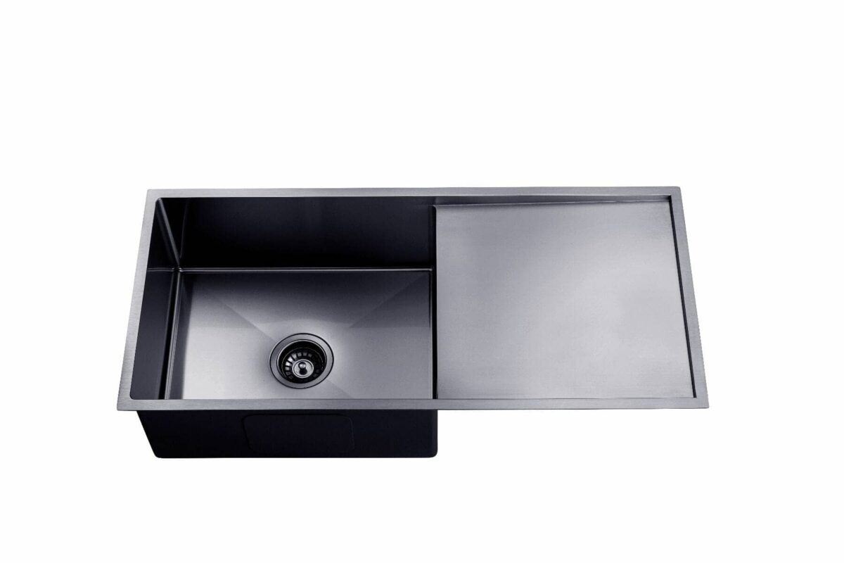 Round Corner Stainless Steel Gun Metal Grey PVD Coating Single Bowl with Drain Board Kitchen Sink - 960x450x230mm | TWM4B