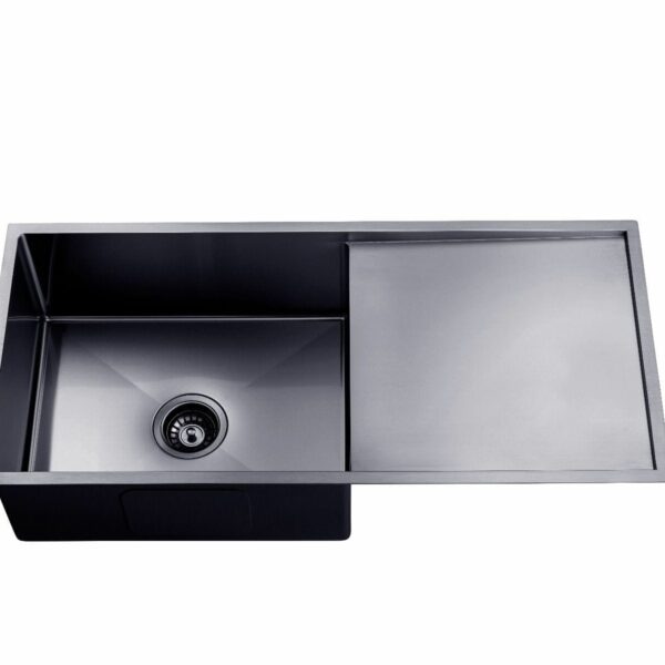 Round Corner Stainless Steel Gun Metal Grey PVD Coating Single Bowl with Drain Board Kitchen Sink - 960x450x230mm | TWM4B