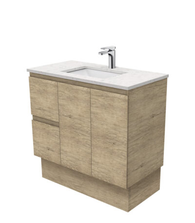 Sarah Bianco Marble Undermount 900 Edge Scandi Oak Vanity on Kick, Left Drawers