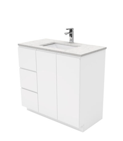 Sarah Bianco Marble Undermount 900 Fingerpull Gloss White Vanity on Kick, Left Drawers
