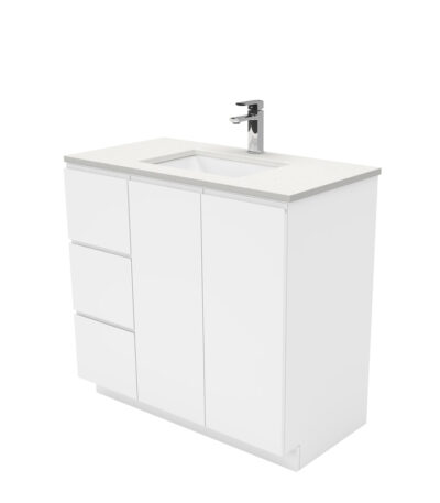 Sarah Crystal Pure Undermount 900 Fingerpull Gloss White Vanity on Kick, Left Drawers