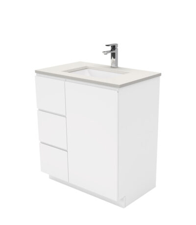 Sarah Roman Sand Undermount 750 Fingerpull Gloss White Vanity on Kick, Left Drawers