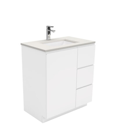 Sarah Roman Sand Undermount 750 Fingerpull Gloss White Vanity on Kick, Right Drawers