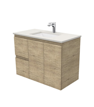 Sarah Roman Sand Undermount 900 Edge Scandi Oak Wall-Hung Vanity, Left Drawers
