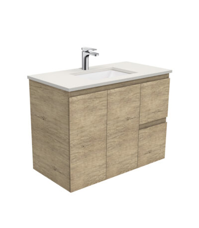 Sarah Roman Sand Undermount 900 Edge Scandi Oak Wall-Hung Vanity, Right Drawers