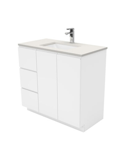 Sarah Roman Sand Undermount 900 Fingerpull Gloss White Vanity on Kick, Left Drawers