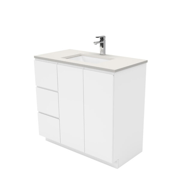 Sarah Roman Sand Undermount 900 Fingerpull Gloss White Vanity on Kick, Left Drawers