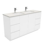 Sarah Roman Sand Undermount Double Bowl 1500 Fingerpull Gloss White Vanity on Kick
