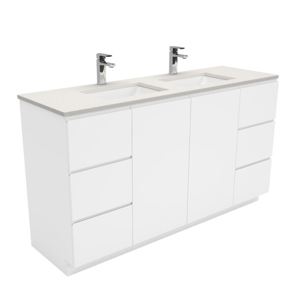 Sarah Roman Sand Undermount Double Bowl 1500 Fingerpull Gloss White Vanity on Kick