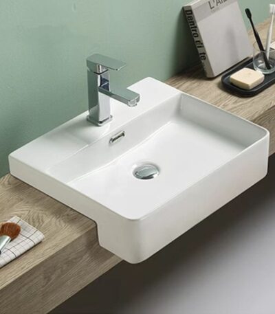 Semi Recess Ceramic Basin - Overflow - Tap Hole - Gloss White - Rectangle - 505mm | PSR5042