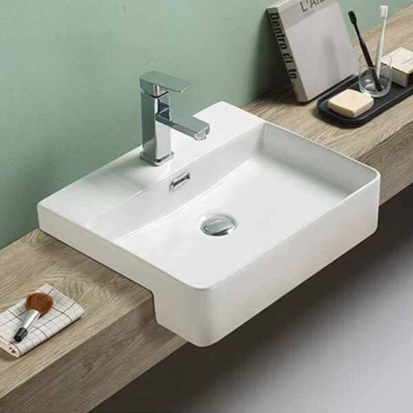 Semi Recess Ceramic Basin - Overflow - Tap Hole - Gloss White - Rectangle - 505mm | PSR5042