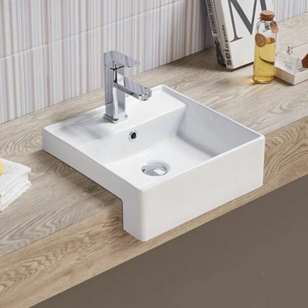 Semi Recess Ceramic Basin - Overflow - Tap Hole - Gloss White - Square - 410mm | PSR4141