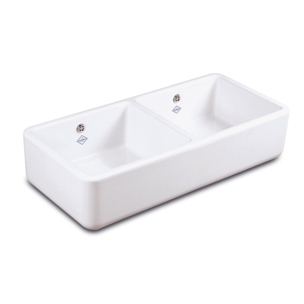 Shaws Classic Double Bowl 1000 Butler Sink with Overflow - 995 x 229 x 465mm - Gloss White