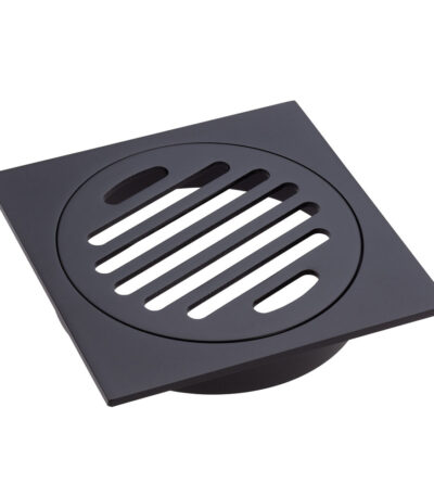Square Floor Waste, Round Grate, 100mm Outlet, Matte Black
