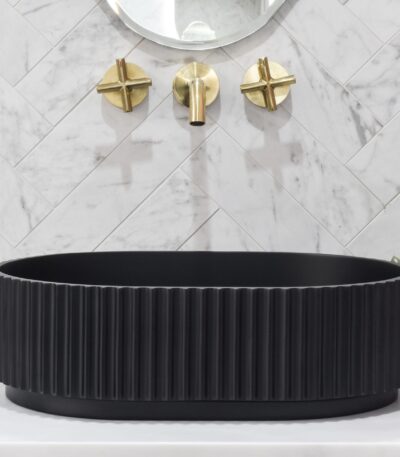 Stadio Groove Above Counter Artificial Stone - Fluted - Matt Black - Oval - 480mm | CSB716-MB