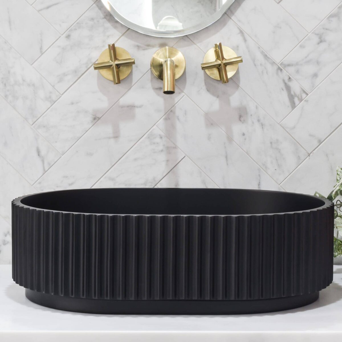 Stadio Groove Above Counter Artificial Stone - Fluted - Matt Black - Oval - 480mm | CSB716-MB