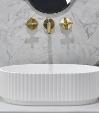Stadio Groove Above Counter Artificial Stone - Fluted - Matt White - Oval - 480mm | CSB716-MW