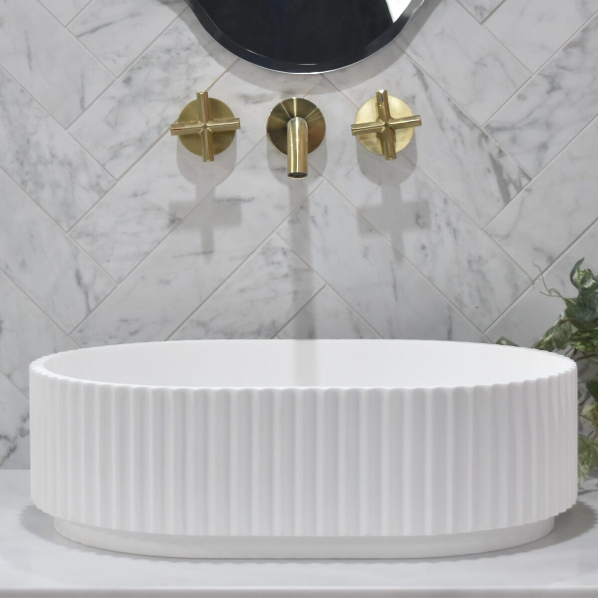Stadio Groove Above Counter Artificial Stone - Fluted - Matt White - Oval - 480mm | CSB716-MW