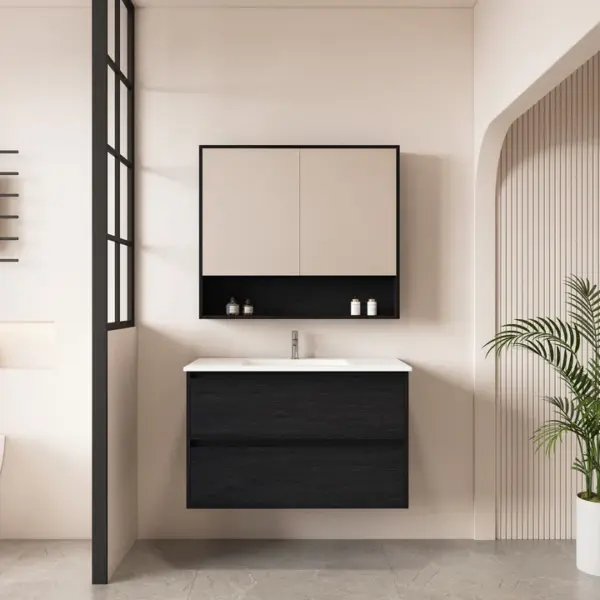 UNICASA HE-90W-BO HERA WALL HUNG VANITY 900MM BLACK OAK - Urban Designs Bathroom and Kitchen