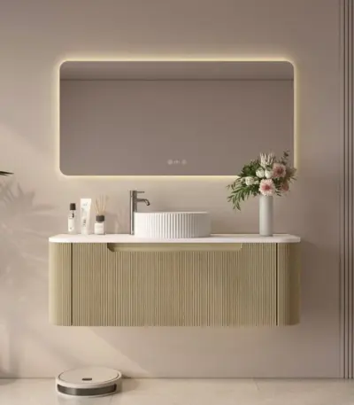 UNICASA ROM-1200-BO ROME FLUTED CURVE WALL HUNG VANITY 1200MM BUR OAK - Urban Designs Bathroom and Kitchen