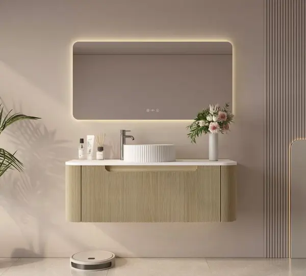 UNICASA ROM-1200-BO ROME FLUTED CURVE WALL HUNG VANITY 1200MM BUR OAK - Urban Designs Bathroom and Kitchen
