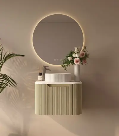 UNICASA ROM-600-BO ROME FLUTED CURVE WALL HUNG VANITY 600MM BUR OAK - Urban Designs Bathroom and Kitchen