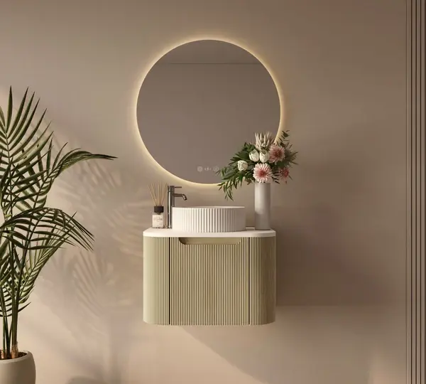 UNICASA ROM-600-BO ROME FLUTED CURVE WALL HUNG VANITY 600MM BUR OAK - Urban Designs Bathroom and Kitchen