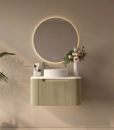 UNICASA ROM-750-BO ROME FLUTED CURVE WALL HUNG VANITY 750MM BUR OAK - Urban Designs Bathroom and Kitchen