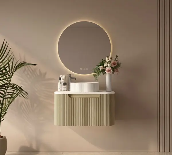 UNICASA ROM-750-BO ROME FLUTED CURVE WALL HUNG VANITY 750MM BUR OAK - Urban Designs Bathroom and Kitchen