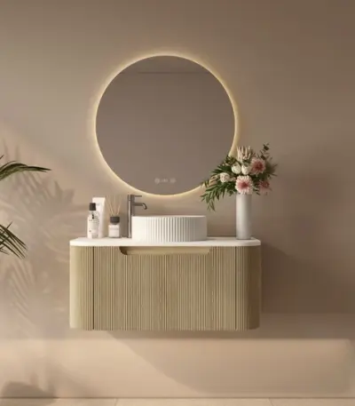 UNICASA ROM-900-BO ROME FLUTED CURVE WALL HUNG VANITY 900MM BUR OAK - Urban Designs Bathroom and Kitchen