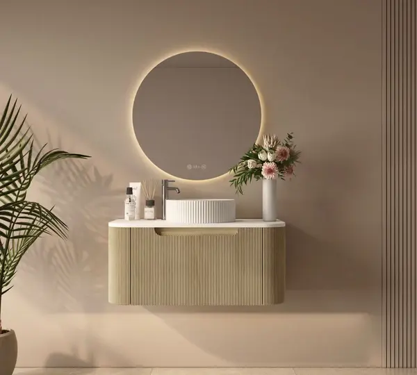 UNICASA ROM-900-BO ROME FLUTED CURVE WALL HUNG VANITY 900MM BUR OAK - Urban Designs Bathroom and Kitchen