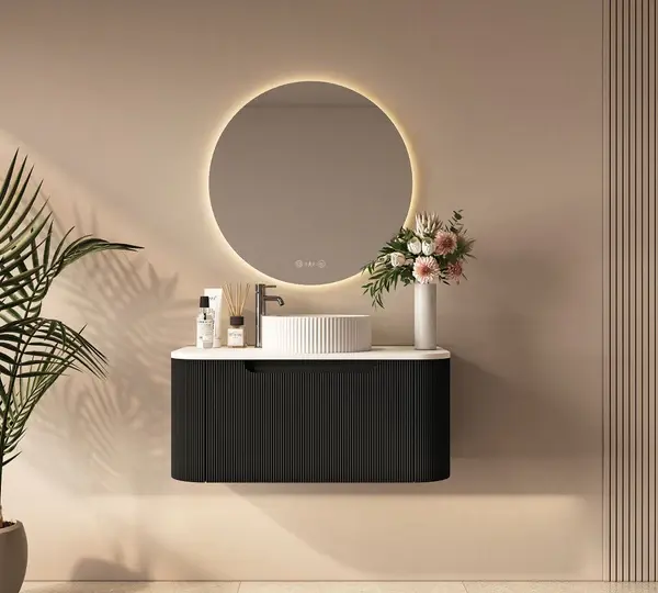 UNICASA ROM-900-MB ROME FLUTED CURVE WALL HUNG VANITY 900MM MATTE BLACK - Urban Designs Bathroom and Kitchen