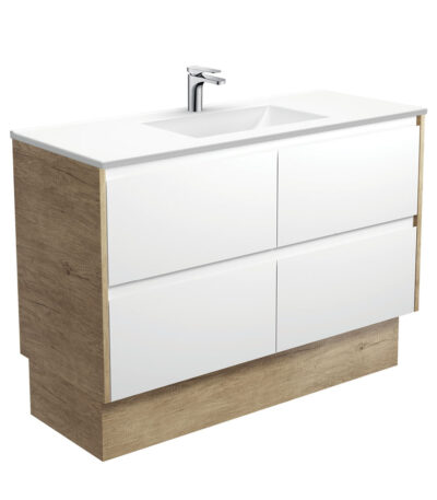 Vanessa Amato 1200 Satin White Vanity On Kick, Scandi Oak Panels