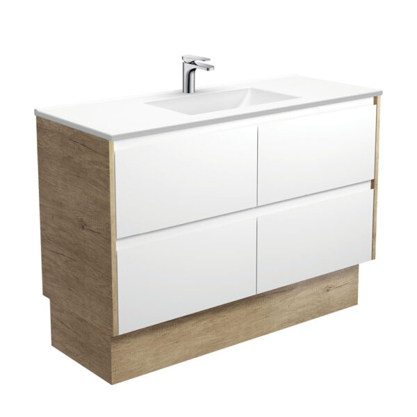 Vanessa Amato 1200 Satin White Vanity On Kick, Scandi Oak Panels