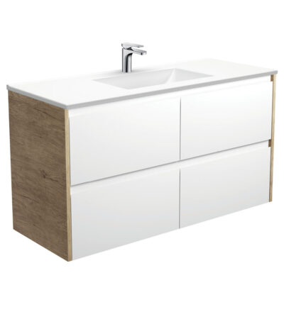 Vanessa Amato 1200 Satin White Wall-Hung Vanity, Scandi Oak Panels