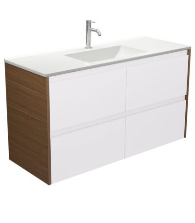 Vanessa Amato 1200 Satin White Wall Hung Vanity, Walnut Panels