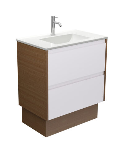 Vanessa Amato 750 Satin White Vanity on Kick, Walnut Panels