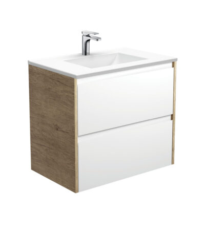 Vanessa Amato 750 Satin White Wall-Hung Vanity, Scandi Oak Panels