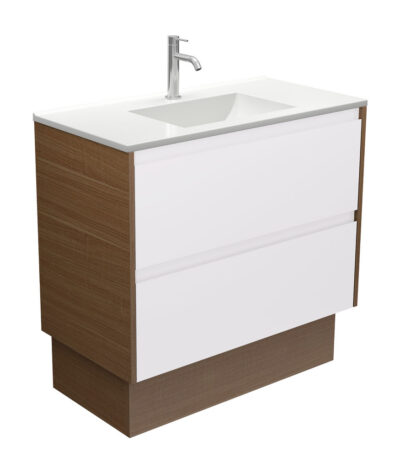 Vanessa Amato 900 Satin White Vanity on Kick, Walnut Panels