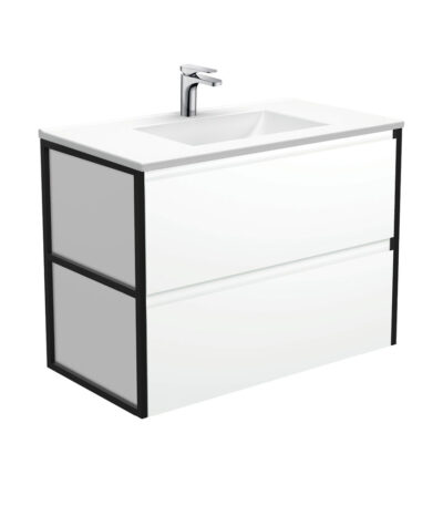 Vanessa Amato 900 Satin White Wall-Hung Vanity, Matte Black Frames